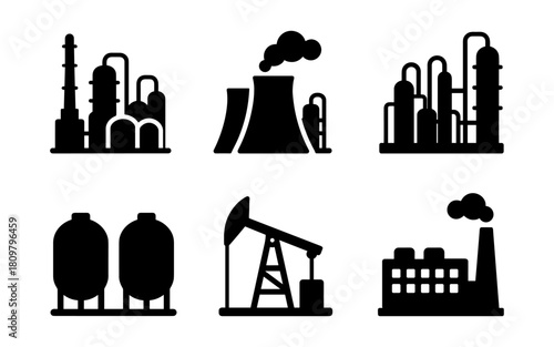 Industrial silhouettes: factories, refineries, and oil rigs