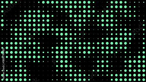 Abstract background with random pattern of green dots on black background. Digital technology, futuristic sci-fi concept. Minimalist design.