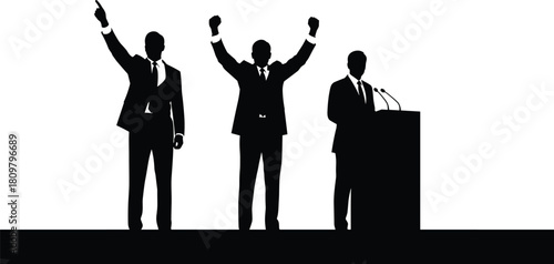 Three businessmen or politicians silhouettes on stage, speech at podium, victory celebration with raised hands, election concept vector illustration