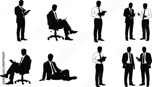 Title Businessmen silhouettes set, corporate man working, standing, sitting, talking, black and white vector collection, office team isolated.
