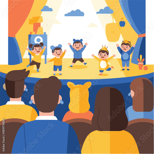 Children in costumes perform on stage in front of an audience, under bright spotlights and colorful curtains, with props and decorations.