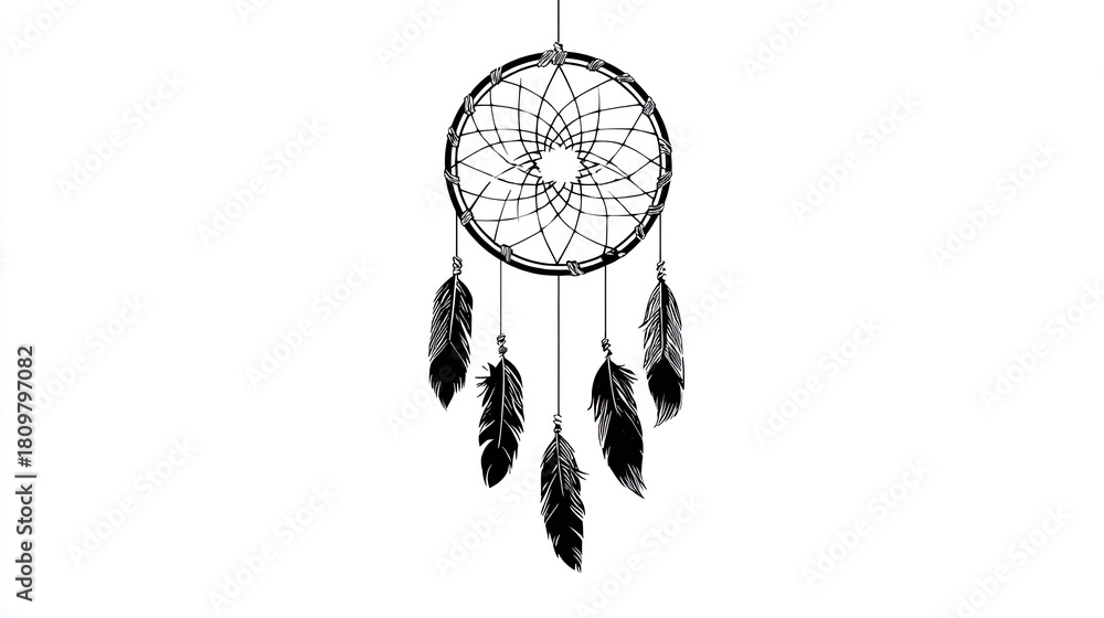 Obraz premium Detailed black and white dreamcatcher with feathers hangs.