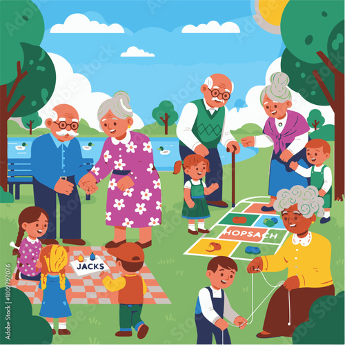 Illustration of senior citizens and children enjoying outdoor activities like hopscotch, jacks, and picnics in a park setting under a sunny sky.
