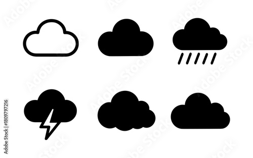 Simple weather icons: cloudy, rainy, stormy in minimalist design