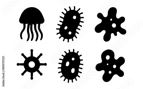 Silhouette icons of viruses and bacteria: simplistic microorganism designs