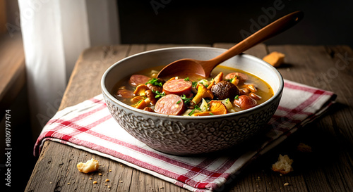 Still life composition, Rustic farmhouse style of Czech zelňačka soup with sausage and mushrooms, served in a heavy ceramic bowl with a wooden spoon 