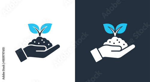 Hand holding soil with sprouting plant - Vector icon symbol for website - Icon vector - Blue icon vector - Line and glyph solid icon and logo template