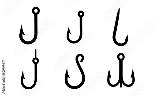 Collection of different fishing hook icons in minimalist design