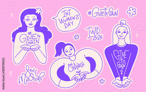 Linear cartoon stickers set for 2026 International Womens Day for planners, notebooks. Give to Gain campaign. List of feminism positive hand drawn doodle lady characters, GiveToGain lettering.