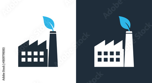 Factory with chimney and green flame icon - Vector icon symbol for website - Icon vector - Blue icon vector - Line and glyph solid icon and logo template