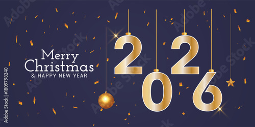 Golden 2026 numbers with Merry Christmas and Happy New Year greeting card. vector illustration.
