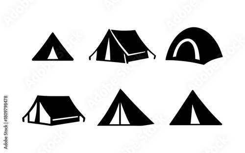 Set of six tent silhouettes: variety of camping tent designs in black