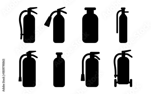 Silhouette set of various fire extinguishers for safety and emergency preparedness