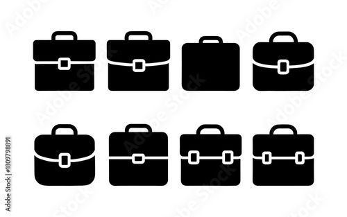 Set of eight minimalist briefcase icons in silhouette style