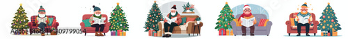 Grandpa reading newspaper on the sofa in winter