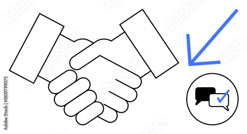 Two hands shaking symbolizing agreement next to a communication icon with a checkmark representing validation. Ideal for partnership, collaboration, agreement, communication, trust, validation