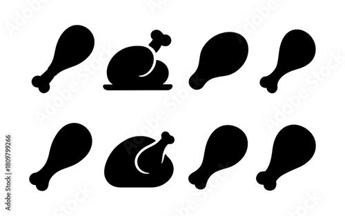 Silhouette icons of chicken drumsticks and roasted turkey for culinary designs