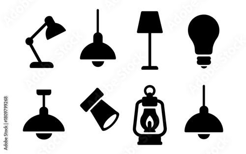 Silhouette icons of diverse lamps and lighting fixtures