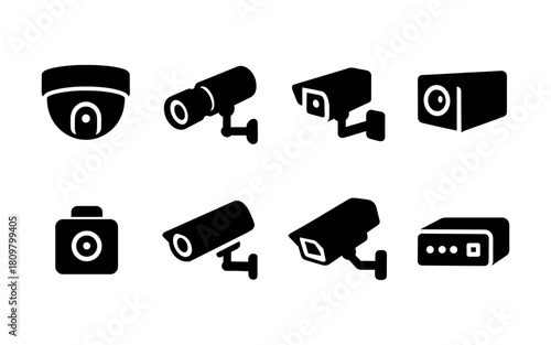 Silhouette icons of security cameras in various designs for surveillance solutions