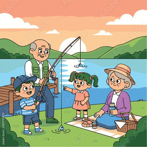Cartoon illustration of a grandfather teaching his grandson to fish while the grandmother and granddaughter enjoy a picnic by the lake at sunset.