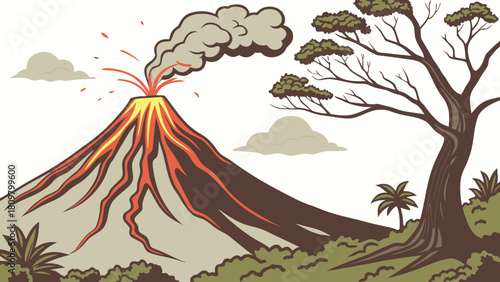 Vector of an erupting volcano with lava flowing and thick ash clouds, set against a white background for disaster and environmental themes.