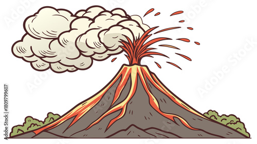 Active volcano eruption with molten lava and ash cloud, high-resolution vector illustration on a clean white background.