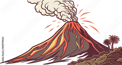 Vector of a volcanic eruption, with molten lava flowing and ash clouds, no background, ideal for isolated environmental disaster concepts.