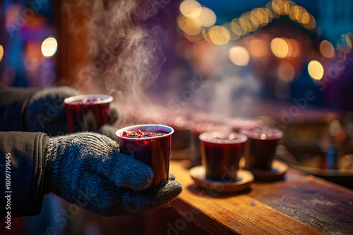 A vendor serving steaming cups of mulled wine in a traditional European Christmas market, hands with gloves holding warm drink, bokeh background of holiday lights,