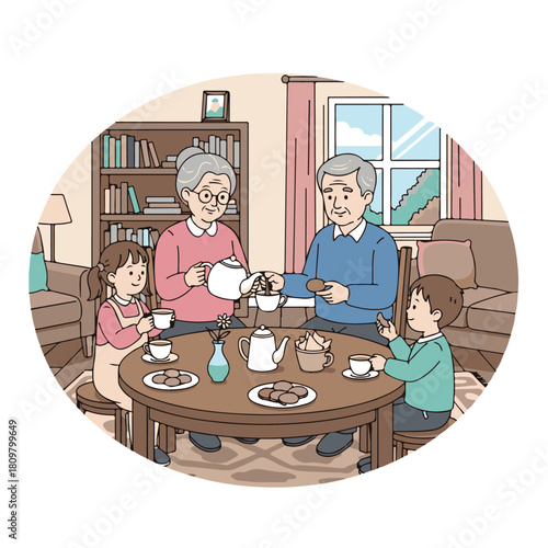 Grandparents serving tea and cookies to their grandchildren at a round table in a cozy living room setting.