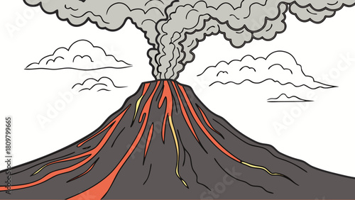 Isolated erupting volcano with flowing lava and ash cloud rising into the sky, clean vector design on a white background.