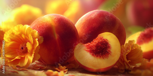 fresh peaches with marigolds in warm sunlight, sunlit still life of peaches and marigold blooms, natural summer scene with peaches and flowers
