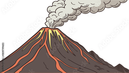 Isolated vector illustration of a volcano erupting with lava flow and ash cloud, transparent background for dynamic nature graphics.