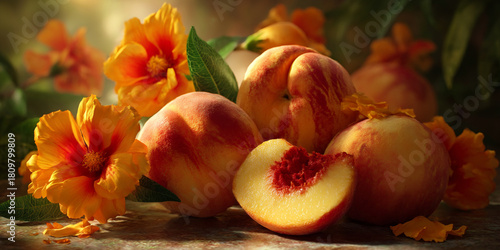 fresh peaches with marigolds in warm sunlight, sunlit still life of peaches and marigold blooms, natural summer scene with peaches and flowers
