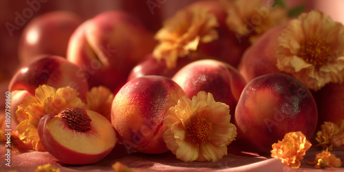 fresh peaches with marigolds in warm sunlight, sunlit still life of peaches and marigold blooms, natural summer scene with peaches and flowers