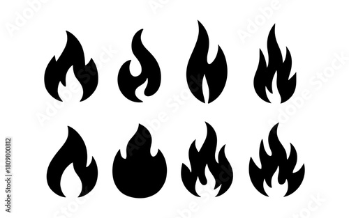 Minimalist black flame icons set for creative designs