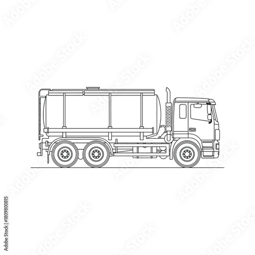 Illustration of a tank truck in black and white outline isolated on, perfect for technical drawings