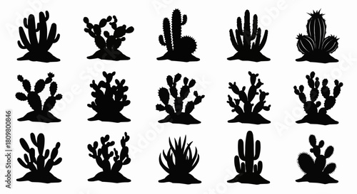 Collection of Diverse Cactus Silhouettes in Various Shapes and Sizes.