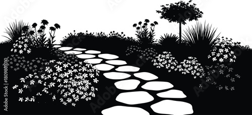 Garden Silhouette with Stone Path, Flowers, and Trees