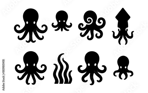 Cute octopus silhouettes and seaweed set for marine themed designs