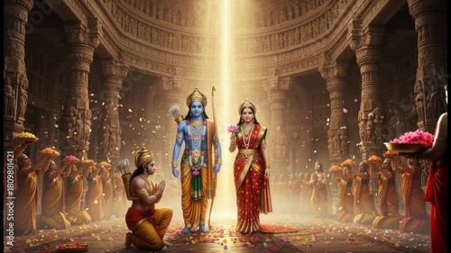 Celebration of Lord Rama and Sita in ancient temple setting