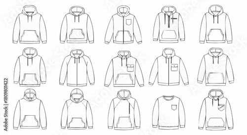 A diverse collection of hoodie and sweatshirt technical sketches.