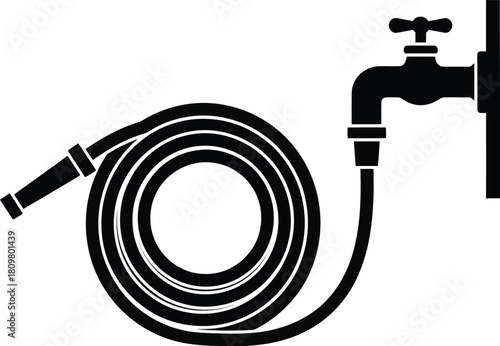 Black water tap with coiled hose, plumbing fixture, vector illustration