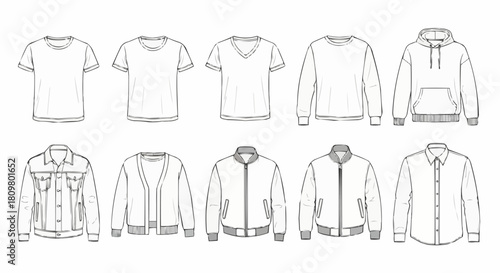 Fashionable Clothing Lineup - T-shirts, Sweatshirts, Jackets, and Button-Down Shirt.
