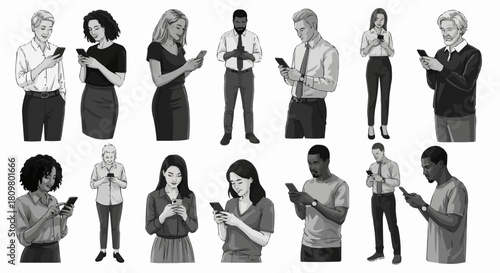 Diverse individuals engrossed in their smartphones, showcasing modern communication.