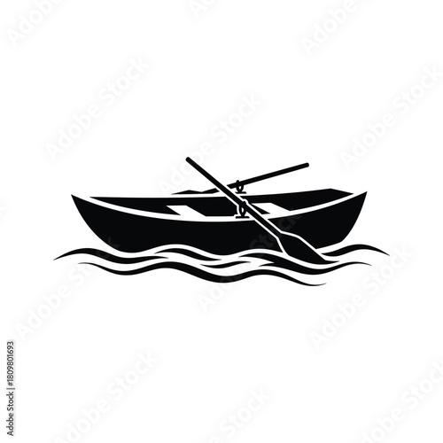 A rowboat with oars floats on the water, creating a serene and peaceful scene isolated on