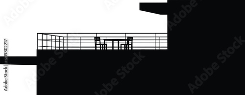 Minimalist building silhouette with balcony, table, and chairs