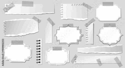 Collection of Torn Paper Notes and Labels with Taped Edges.