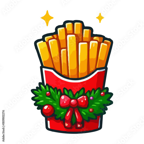 Friench fries potato İllustration decorated with Christmas and New Year's elements on a white