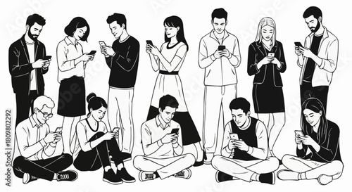 A diverse group of people completely absorbed by their smartphones.