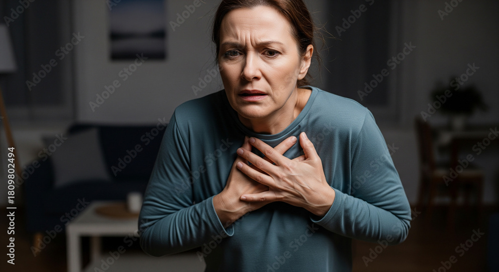Naklejka premium Mujer de mediana edad se agarra el pecho, ataque al corazón. Ataque de pánico en casa - Disease heart
